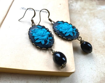 Stunning Cameo Earrings With Recycled Glass Beads, Blue and Black Cameo, Gothic Earrings, Floral Cameo Earrings, Vintage Rose Earrings