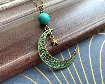 Hemelse maan ketting, turquoise edelsteen parel, patina verdigris, patina charme, boho sieraden, maan hanger, hemelse ketting, boho