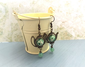 Alice in Wonderland inspired teapot earrings with green recycled beads, Selma Dreams