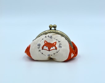 Fox patterned cotton purse, brushed metal clasp, silver purse, pouch
