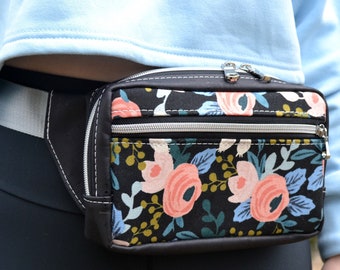 READY TO GO Waist bag, banana bag, fanny pack with flower patterns and black cork. Cork leather base, Vegan, eco-friendly