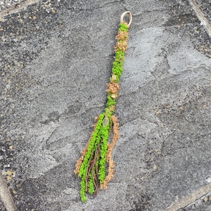 May include: A decorative hanging ornament featuring a long, slender stem wrapped in vibrant green and tan moss. The base consists of a bundle of thin brown twigs, green moss, and tan fibers, accented with a small, metallic gold-colored leaf charm.