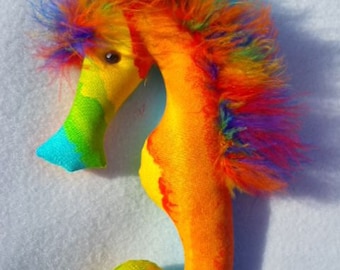 rainbow, Seahorse toy, horse, pony,  decoration, ornament, wall art,soft sculpture, blue, purple, feathers