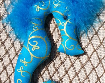 plush seahorse, horse, pony, turquoise,  feathers, soft sculpture, bath decor, mermaid