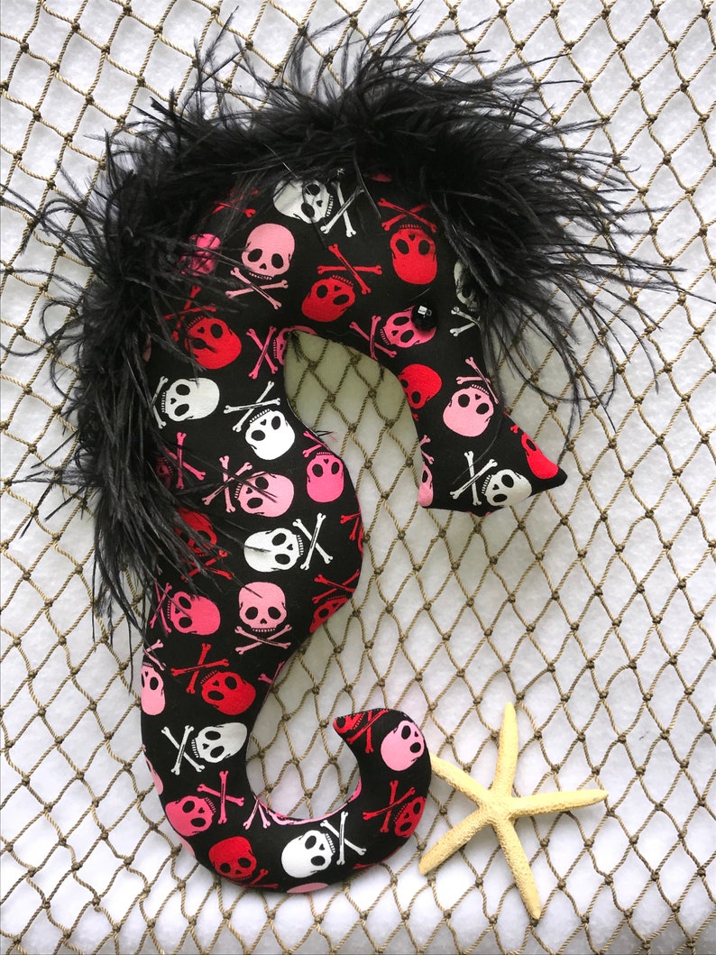 Halloween decor red black and white skulls and crossbones crossbones Halloween skulls Halloween centerpiece skull fabric seahorse
