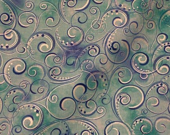 fabric by the yard Benartex metallic swirls aqua blue and silver
