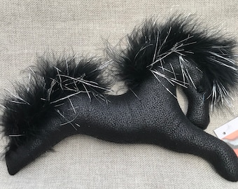 black stallion, horse, equine gift, ornament, fiber pony, black feathers, faux leather, equestrian, equestrian gift