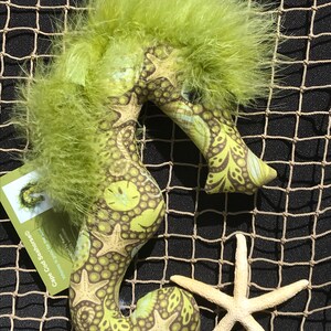 seahorse, seahorse ornament, toy seahorse, green, nautical, nautical ornament, shells, beach, nautical fabric, baby seahorse