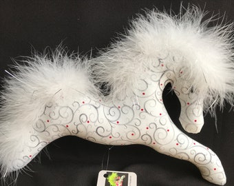 white horse silver scroll red polka dots ornament toy mobile pony club  equestrian gift