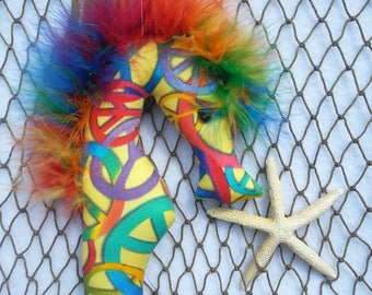 peace sign, 70&#39;s, yellow, seahorse, hippie, ornament, decoration, toy,plush, soft sculpture
