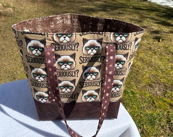 cat fabric shoulder tote bag funny tote funny cat tote brown tote
