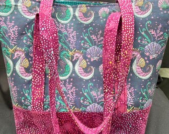 unique seahorse tote bag shoulder straps metal feet pocket basket teal and raspberry