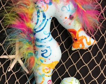 octopus seahorse ornament toy soft sculpture rainbow feathers