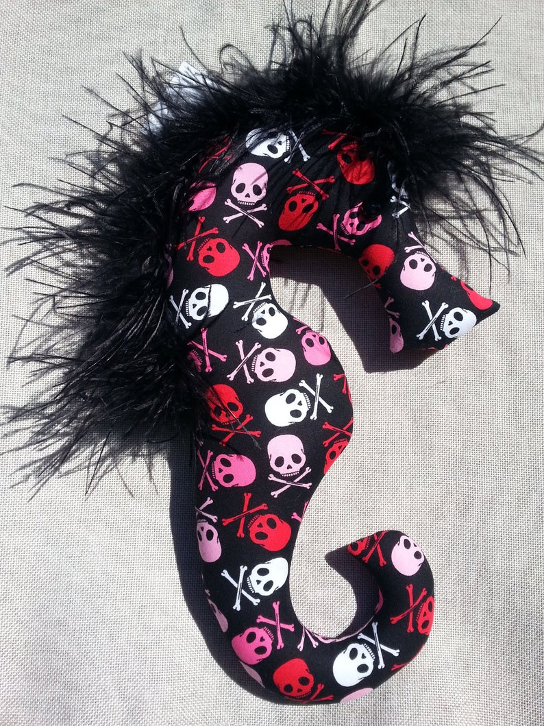 Halloween decor red black and white skulls and crossbones crossbones Halloween skulls Halloween centerpiece skull fabric seahorse