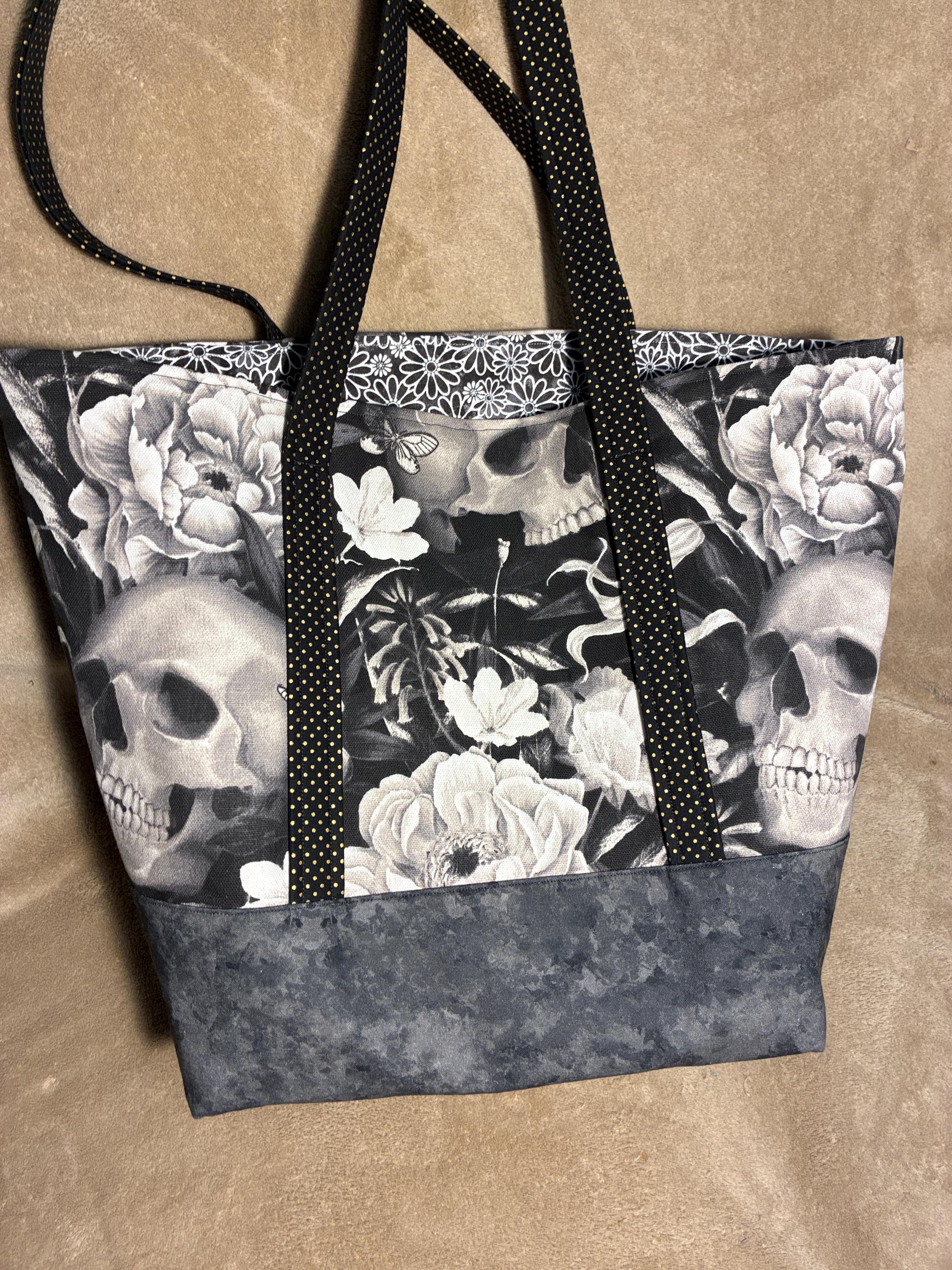 Skull Tote Bag Black & Gray Floral Removable Stabilizer Black and 