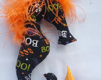 Halloween, halloween fabric, seahorse, seahorse mobile, Halloween party favor, orange, Halloween mobile, black seahorse