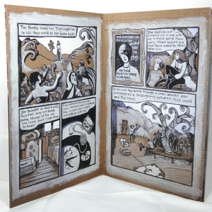 May include: A black and white comic book illustration depicting a woman with long dark hair standing in a landscape with mountains and a small town. The text reads "The People loved her. They begged her to use their world as her home base." and "You brought so many things. They said. Why not leave some things at the inn and come back from time to time?"