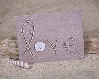 Coastal Love Card | Coastal Valentine Card | Sandscript with Sand Dollar | Lisa Vohwinkel Photography | Nautical Note Card | Beach PhotoCard