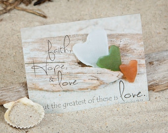 Religious Coastal Note Card | Religious Greeting Card | SeaGlass Hearts | Faith Hope & Love | Lisa Vohwinkel Photography | Corinthians 13