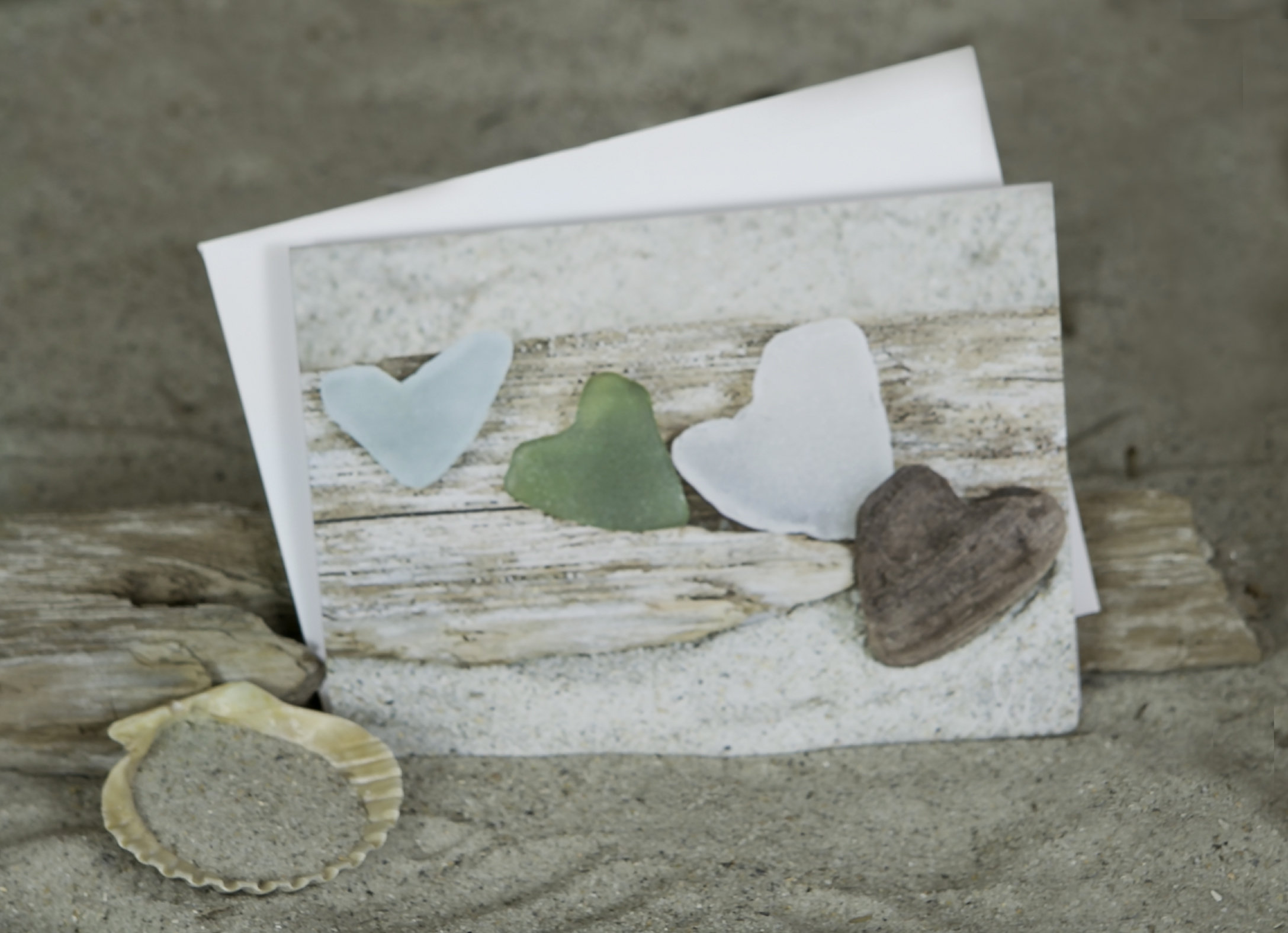 Heart Shaped Sea Glass Note Card | Heart Stone Note Card | Four Hearts ...