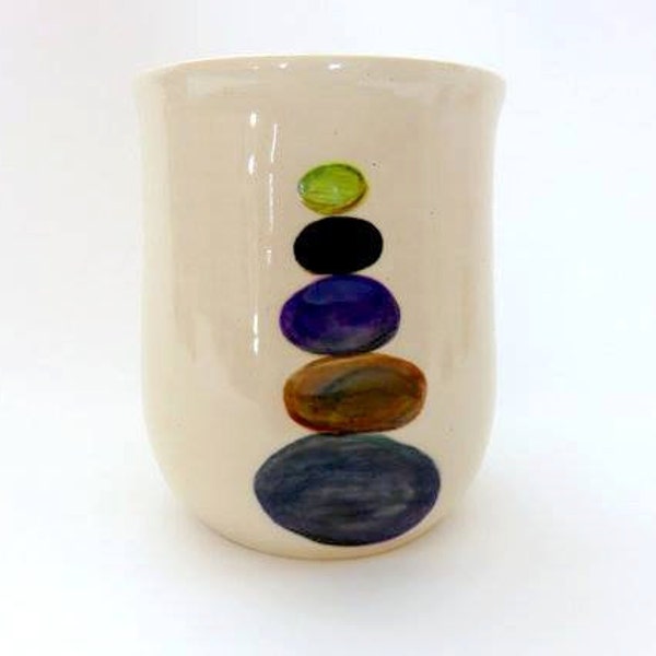 Ceramic handleless mug 16 oz with colored stacked rocks/stones, vase, coffee tea cup, utensil holder, pencil pen holder, toothbrush holder