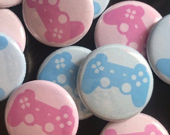 Gamer Controller, Lt Pink, Baby Blue, Pinback Button 1", 1.5", 2.25", Girl or Boy, Gender Reveal, Baby Vote Game, Baby Shower, Quirky, Nerdy