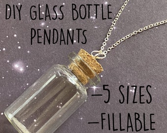 May include: DIY glass bottle pendants with cork stoppers, available in 5 sizes. The pendants are on a silver chain and are fillable.