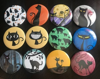 Black Cats, Magnets or Buttons, 1.5" You Pick, Table Scatter, Party Favor, Fridge, Halloween, Autumn Cats, Halloween Cats, Fall Decor