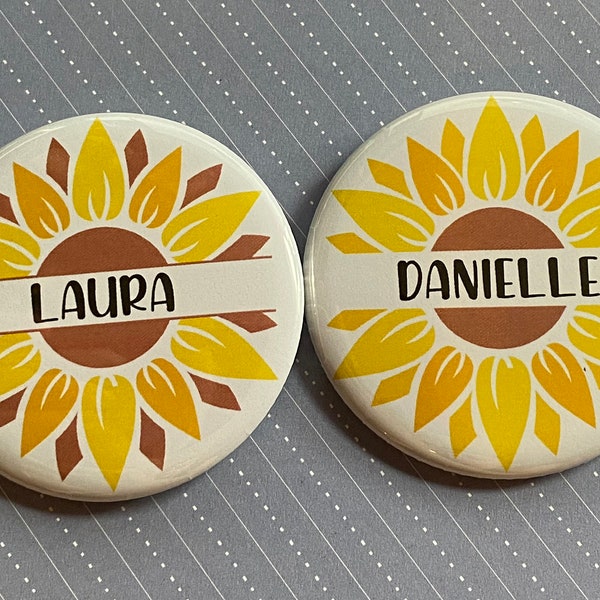Sunflower Name Tags - Customizable Name, Sunflowers, Color, Pinback Button, 2.25", good for school, meetings, field trips, family reunions