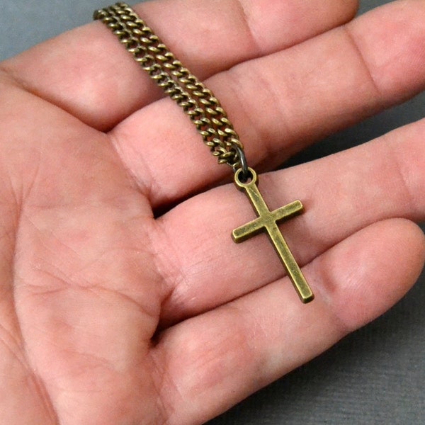 Small Brass Cross Necklace On Solid Brass Curb Chain, Small Size Chain with Small Cross, Rainwater Beads