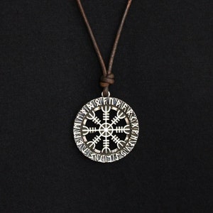 Viking Vegvesir &#39;Way Finder&#39; Compass Necklace with Runes On Leather Cord, Lobster Clasp or Double Knots