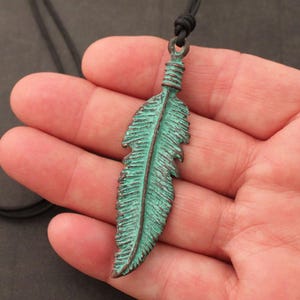 Verdigris Feather Necklace, Rustic Leather Man's Necklace, Masculine, Tribal Pendant
