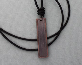Copper Bar Pendant Necklace, Thick Black 2mm Leather Cord. Raw Rustic Mans Leather Necklace
