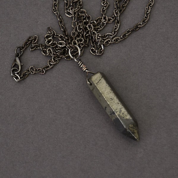 Natural Pyrite Point Pendant Necklace, Wire Wrapped Gemstone Pendant, Black Mens Necklaces, Healing Crystal, Natural Pyrite
