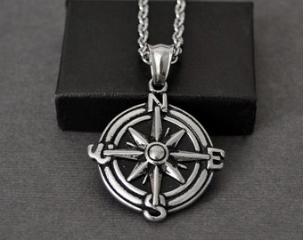 Compass North Star Necklace, Silver Compass for Men, Mens Pendant Necklace, Gifts for Him, Mens Jewelry, Boyfriend Gift, Birthday Gift, 106