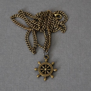 Antique Bronze Ship Wheel, Dharma Wheel Necklace with Solid Brass Small Curb, Unique Gifts for Him, GIFTS
