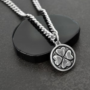 Four Leaf Clover Necklace Dime Sized Stainless Steel Curb Chain, Lobster Clasp, Mans Necklace, Ox