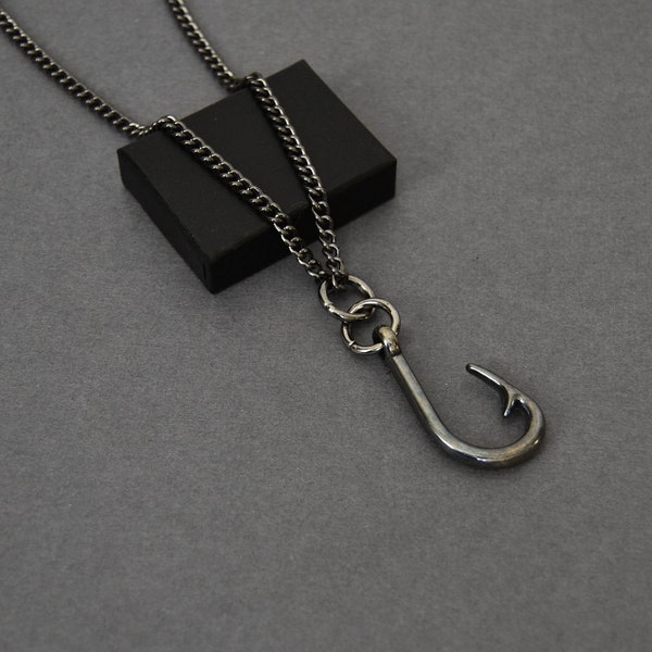 Mans Necklace, Fish Hook Necklace, Black Chain, BCB