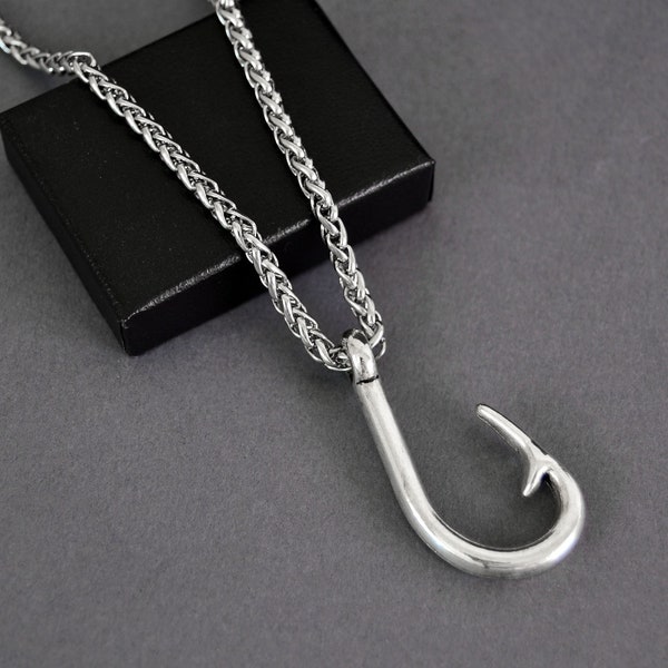 Mans Necklace, Silver Fish Hook Pendant on Thick Stainless Steel Wheat Chain