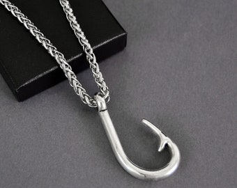 Mans Fish Hook Pendant, Thick Stainless Steel Wheat Chain
