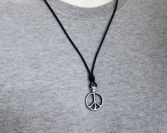 Peace Sign Pendant On Thick Black Leather. Stainless Steel. Black Leather Necklace