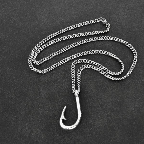 Mans Necklace Silver Fish Hook Necklace On Stainless Steel Curb Chain