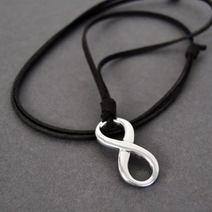 INFINITY Necklace With STAINLESS STEEL Infinity Pendant Black Faux Suede Cord Adjustable