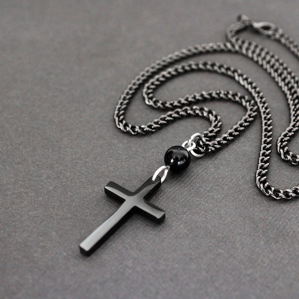 Black Cross Necklace with Black Onyx Sterling Silver Link:  Gunmetal Curb Chain -  BCB