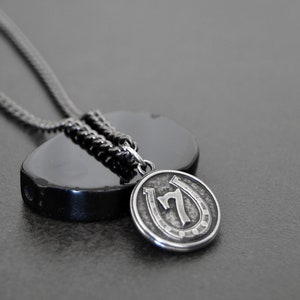 Mans Necklace, Horseshoe Necklace, , Lucky Number 7 Necklace, Gunmetal Curb Chain with Stainless Steel Pendant, bcb