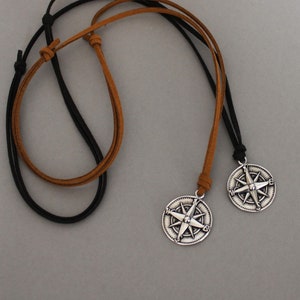 Compass Necklace, Mans Leather Necklace With Compass Pendant, Faux Suede, Black Or Brown, Stainless Steel Pendant