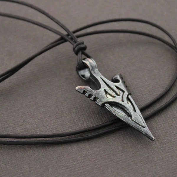 Exotic Spear Point On Matte Black Leather Cord - Mans Warrior Necklace, Adjustable Leather Necklace