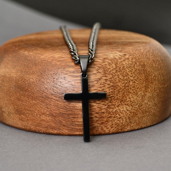 Black Cross Necklace. Gunmetal Steel Curb Chain.  BCB