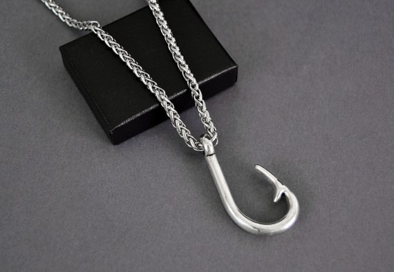 Mans Necklace, Silver Fish Hook Pendant on Thick Stainless Steel