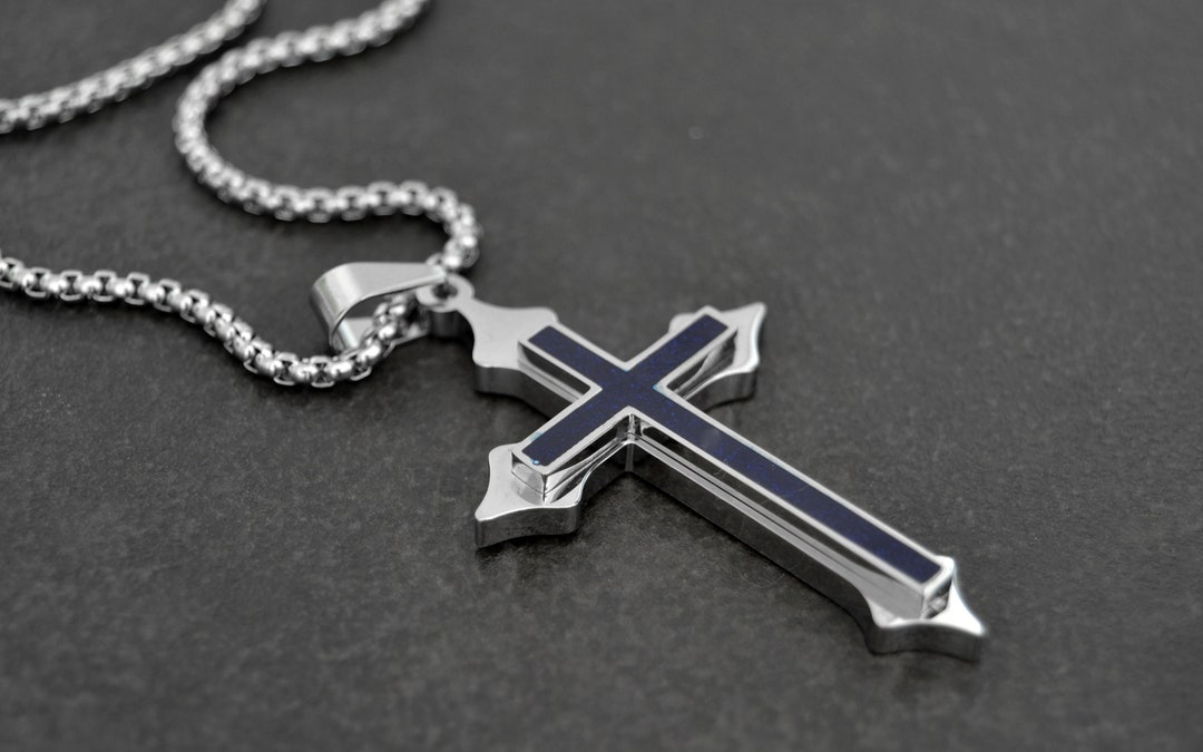 Mens Cross Necklace, Crosses for Men, Stainless Steel Cross With Box Chain, Necklaces for Men